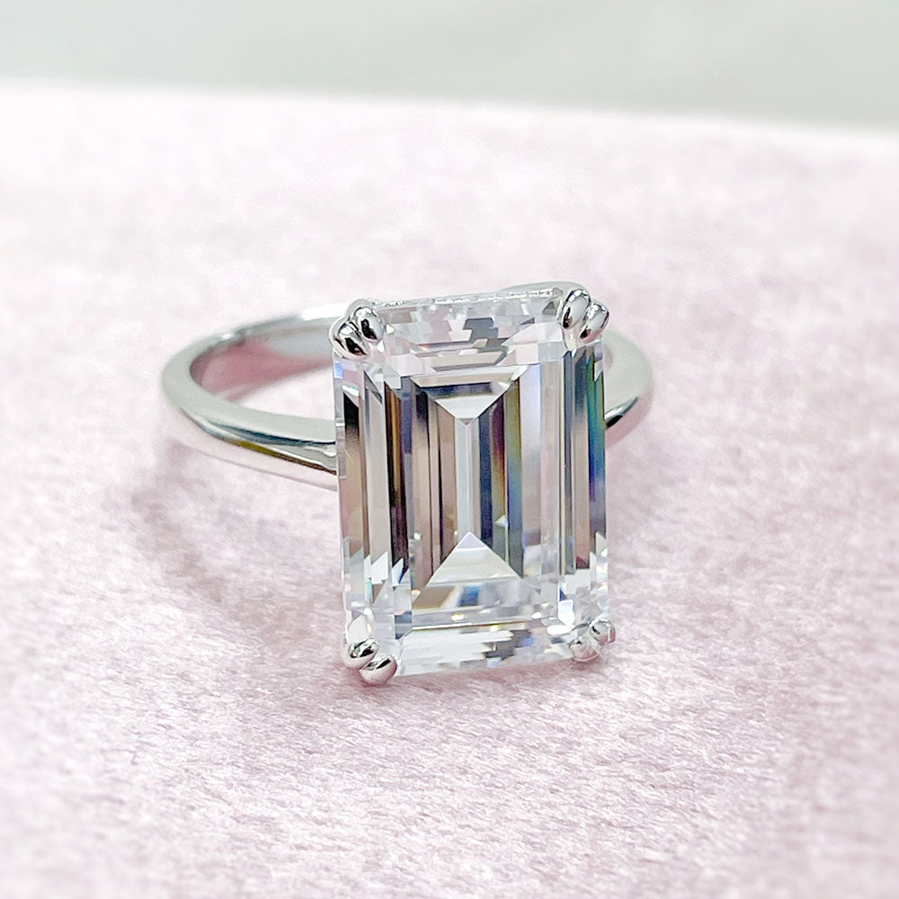 Flatlay view of Solitaire 8.5ct Emerald Cut CZ Statement Ring in Sterling Silver