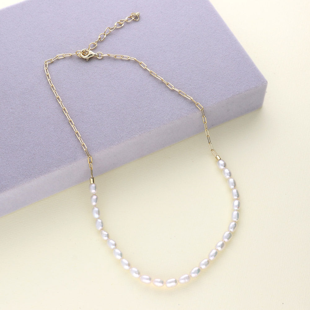 Flatlay view of Paperclip White Oval Cultured Pearl Chain Necklace in Sterling Silver