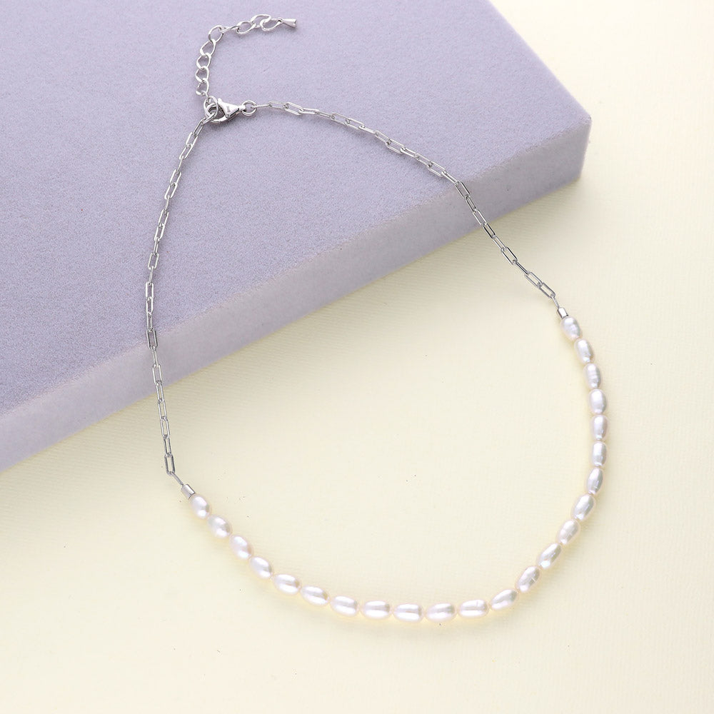 Flatlay view of Paperclip White Oval Cultured Pearl Chain Necklace in Sterling Silver