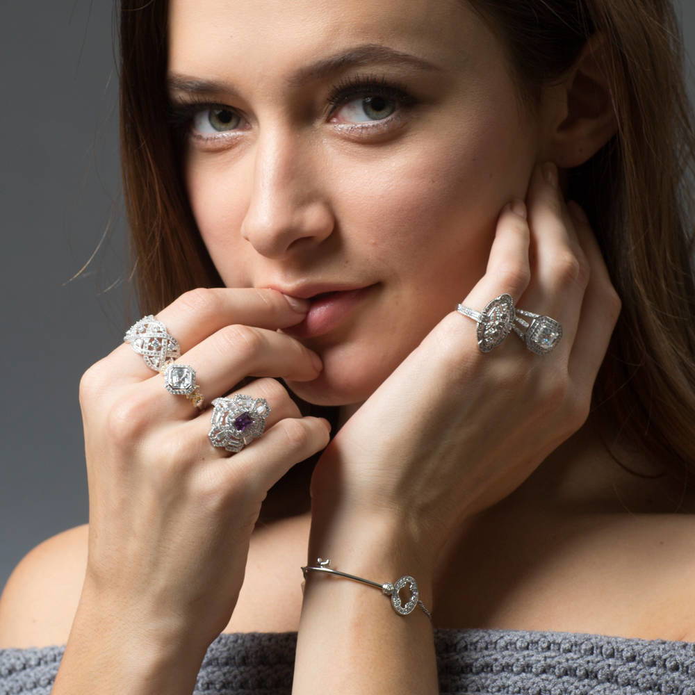 Model wearing Woven Art Deco CZ Statement Ring in Sterling Silver, 6 of 8