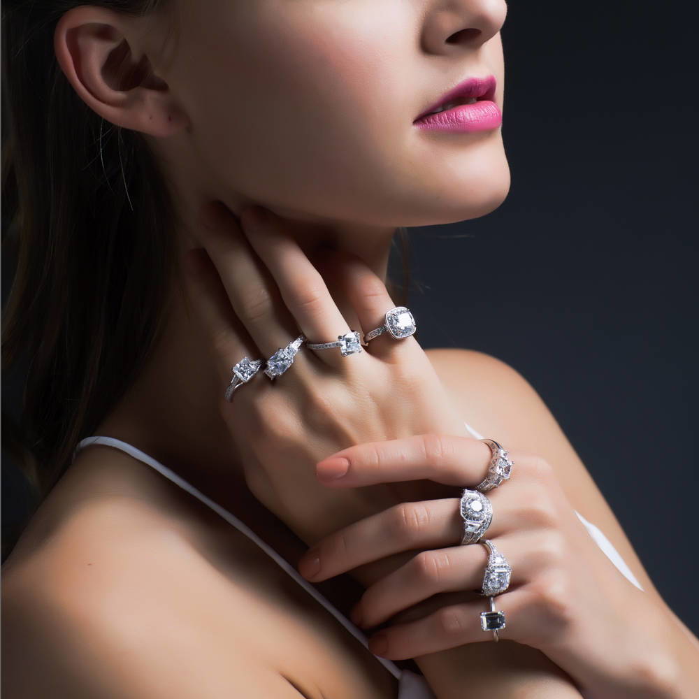 Model wearing Solitaire Art Deco 2ct Princess CZ Ring in Sterling Silver
