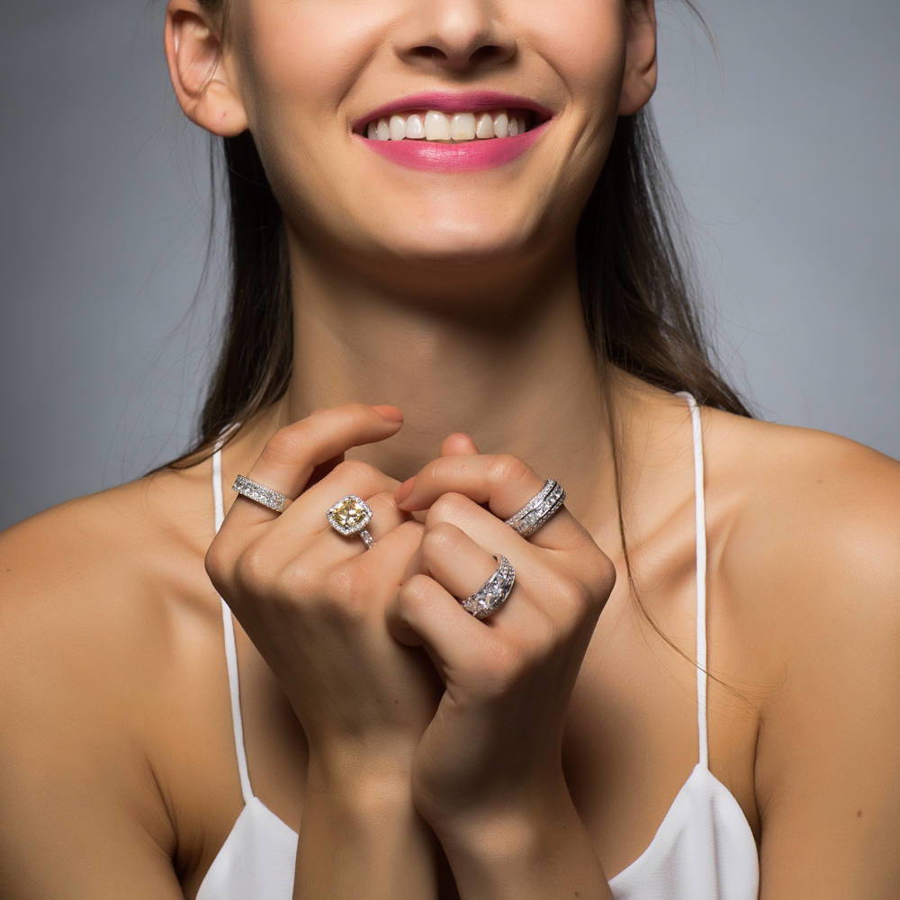 Model wearing Halo Canary Yellow Cushion CZ Statement Ring in Sterling Silver