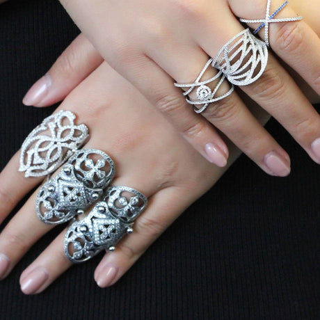 Model Wearing Art Deco Armor Knuckle Ring, Criss Cross Ring, Filigree Armor Knuckle Ring, Woven Ring