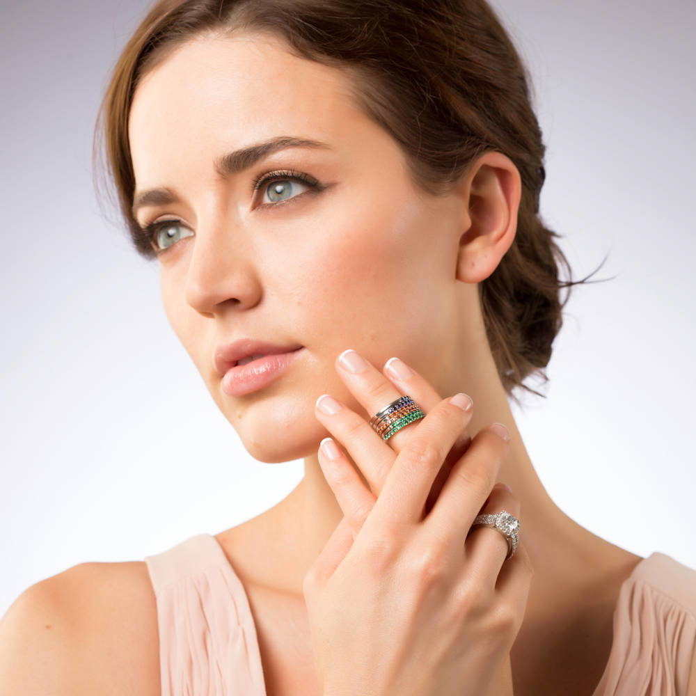 Model wearing Pave Set CZ Half Eternity Ring in Sterling Silver