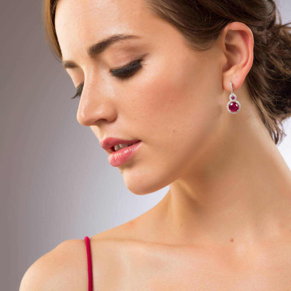 Halo Simulated Ruby Round CZ Dangle Earrings in Sterling Silver, 2 of 3
