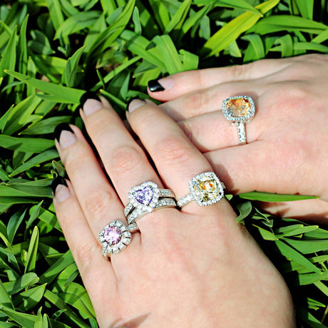 Model Wearing Art Deco Ring, Half Eternity Ring, Halo Ring