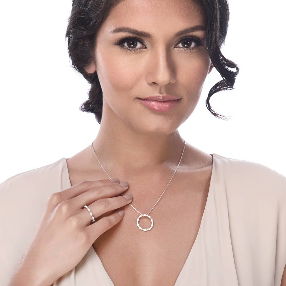 Model wearing Open Circle CZ Pendant Necklace in Sterling Silver