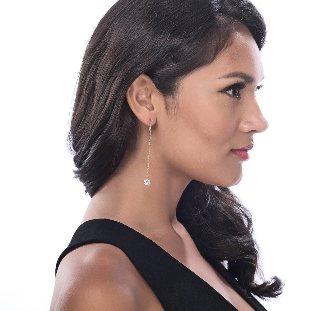 Model wearing CZ Threader Earrings in Sterling Silver