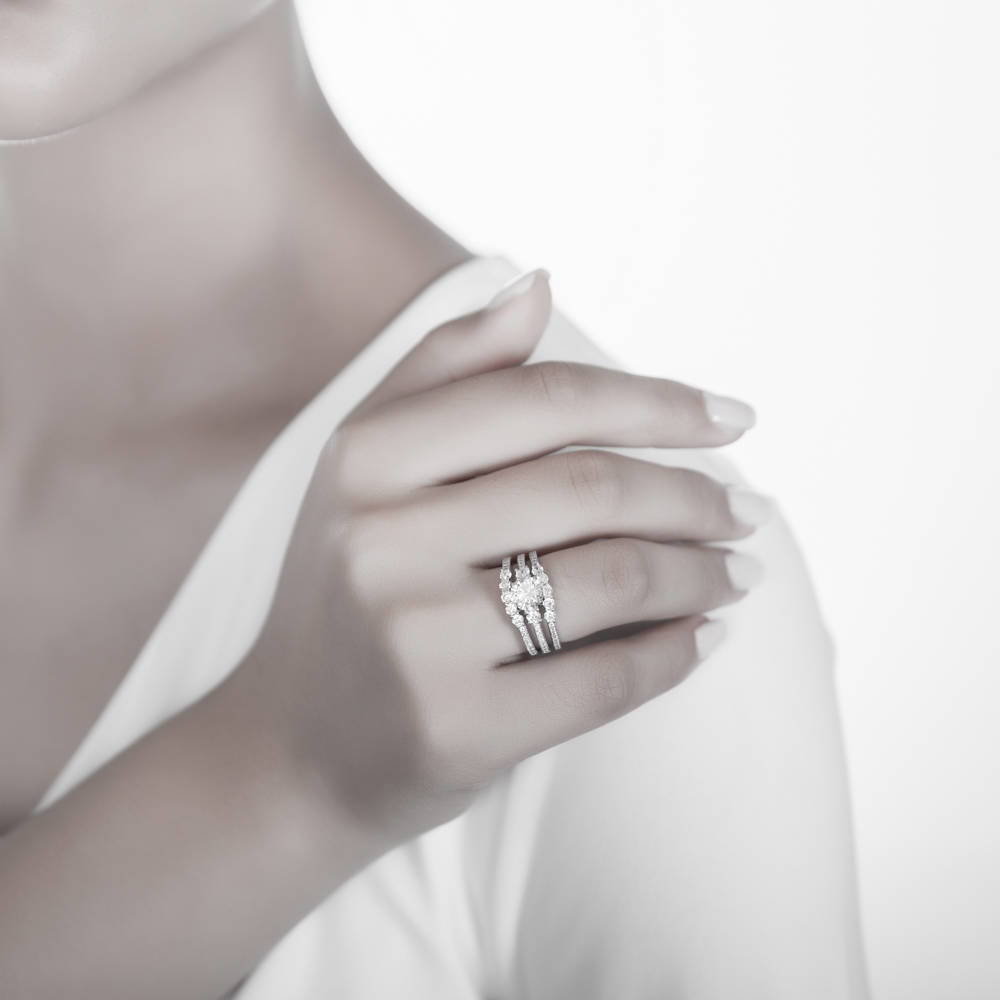 Model wearing 3-Stone Round CZ Ring Set in Sterling Silver