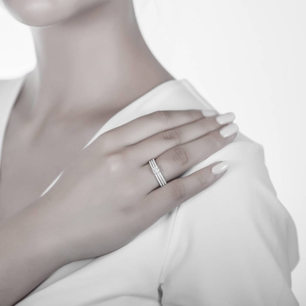 Model wearing Solitaire 0.6ct Cushion CZ Ring Set in Sterling Silver