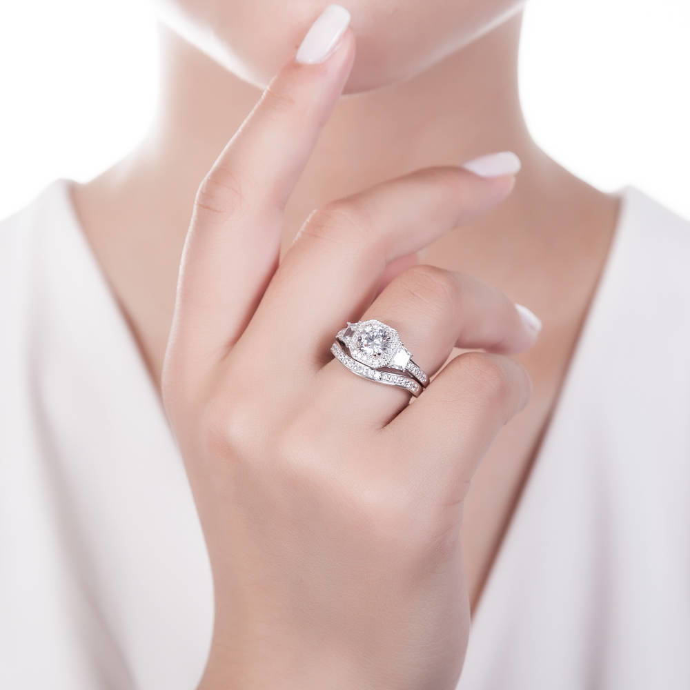 Model wearing Halo Art Deco Round CZ Ring Set in Sterling Silver