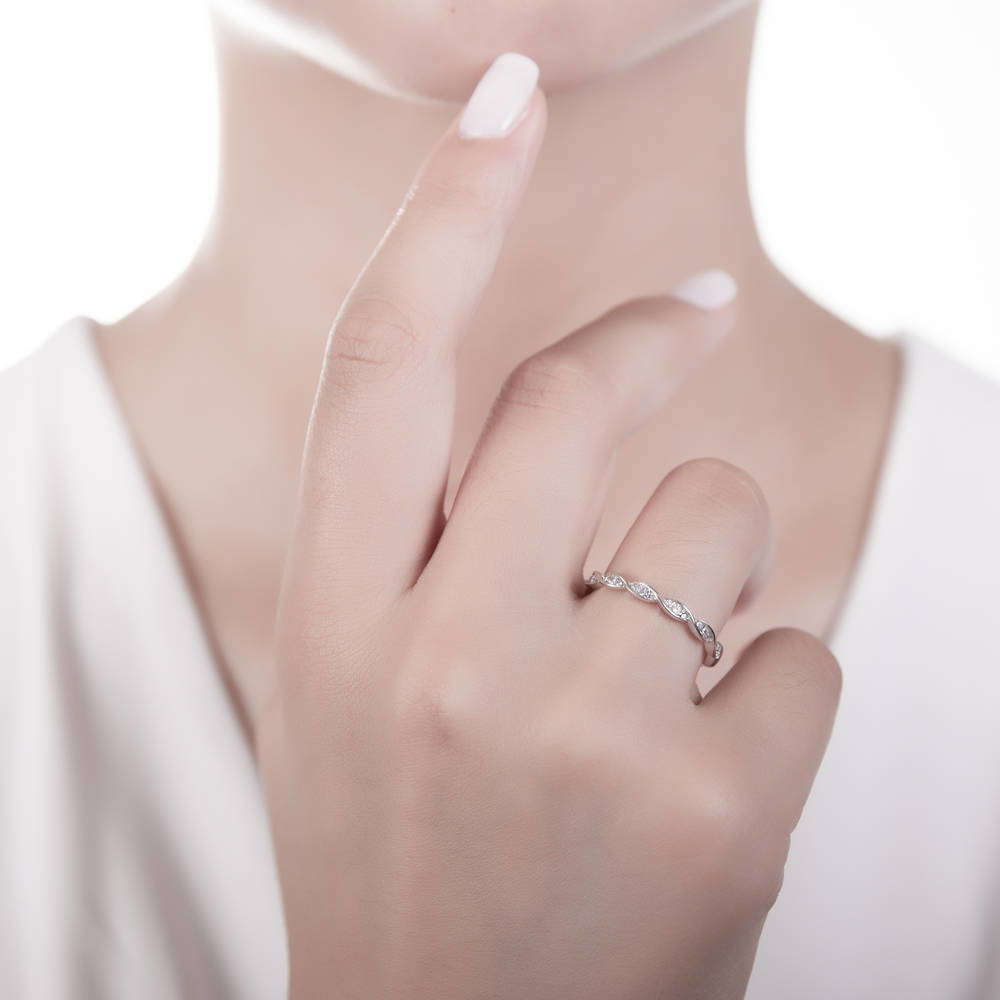 Model wearing Solitaire 1ct Round CZ Ring Set in Sterling Silver, 9 of 10