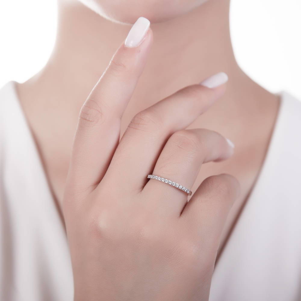 Model wearing Pave Set CZ Half Eternity Ring in Sterling Silver