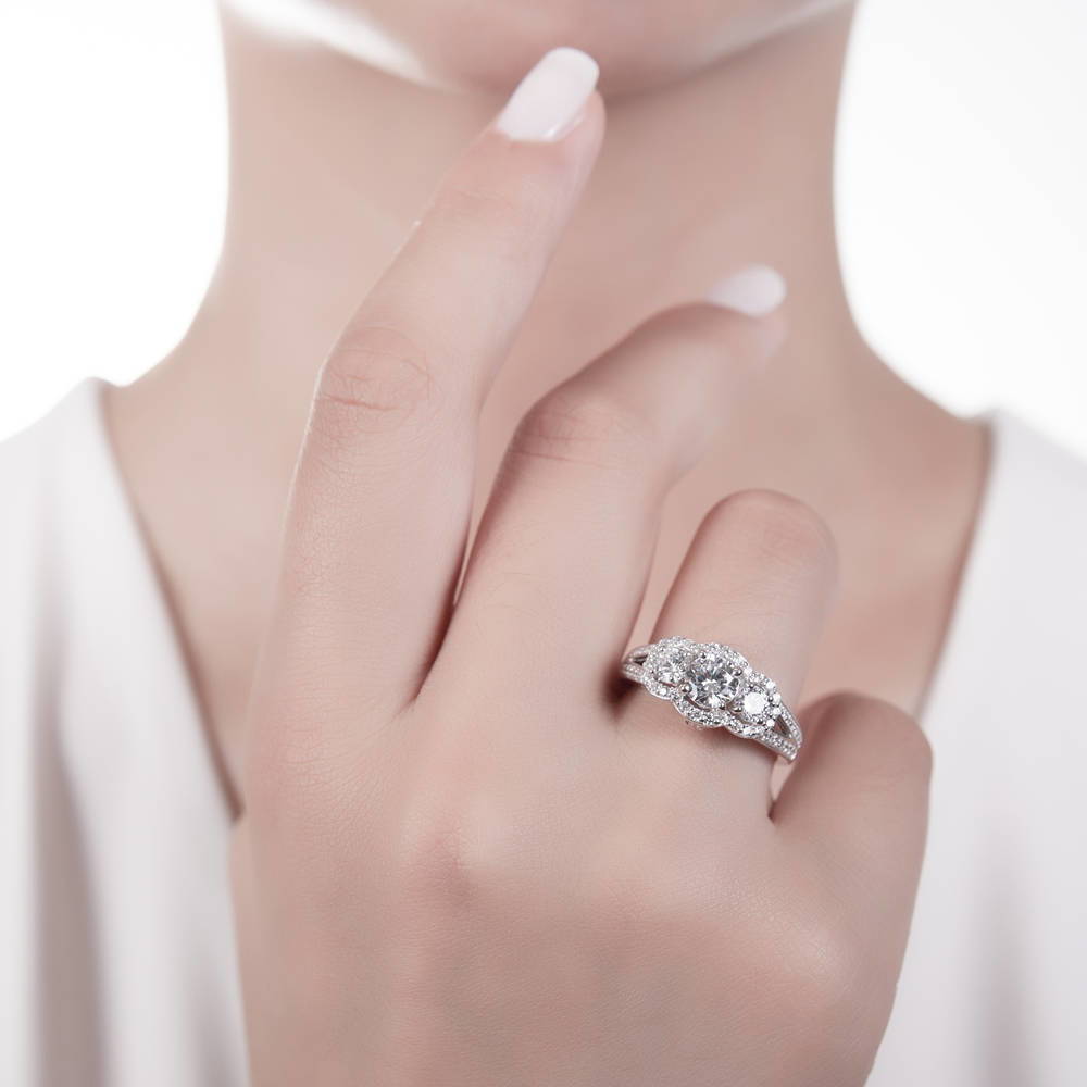 Model wearing 3-Stone Round CZ Split Shank Ring in Sterling Silver