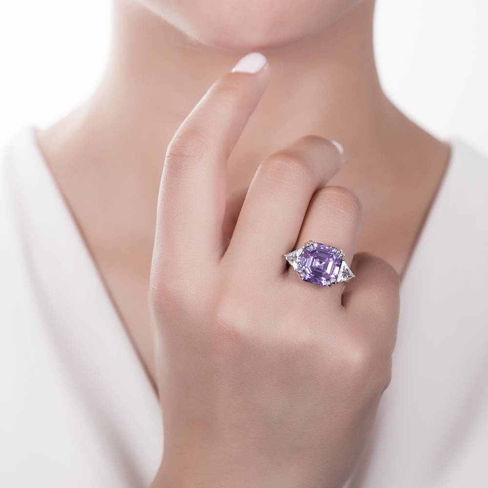 Model wearing 3-Stone Purple Asscher CZ Statement Ring in Sterling Silver