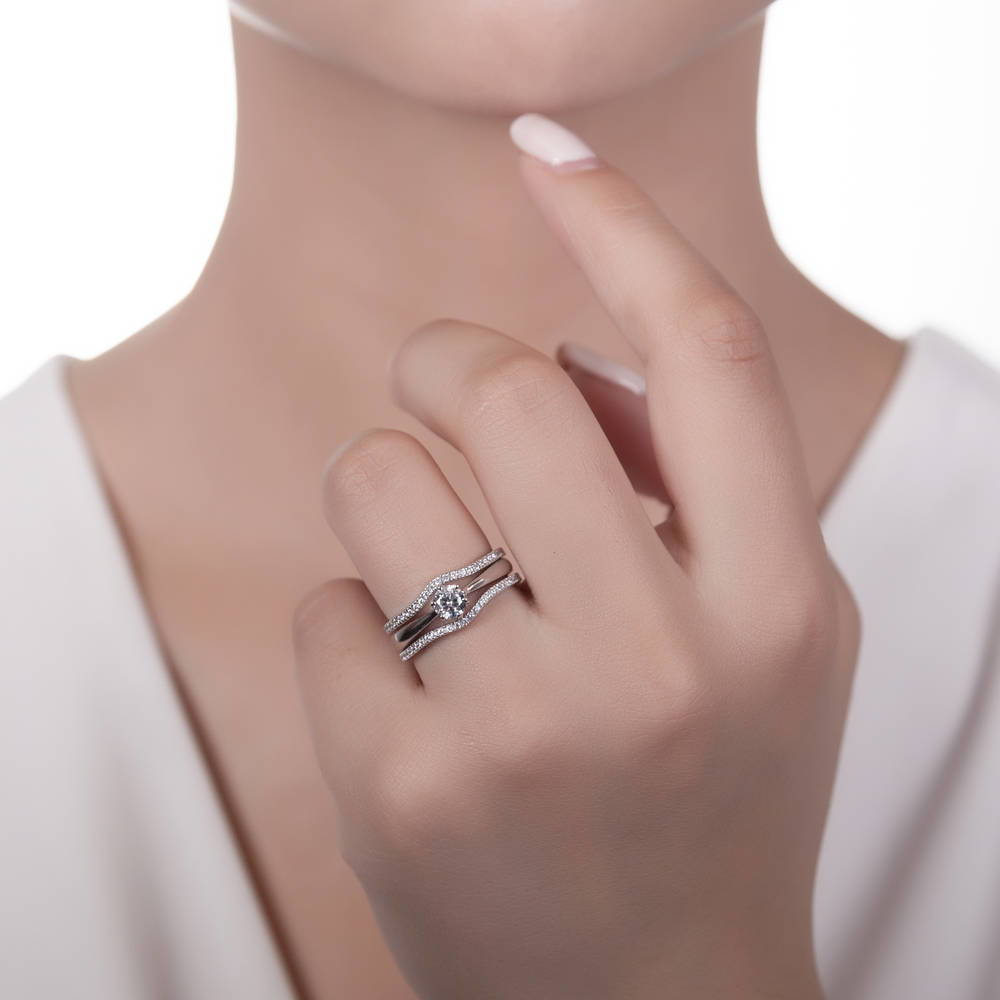 Model wearing Solitaire 0.45ct Round CZ Ring Set in Sterling Silver, 2 of 10