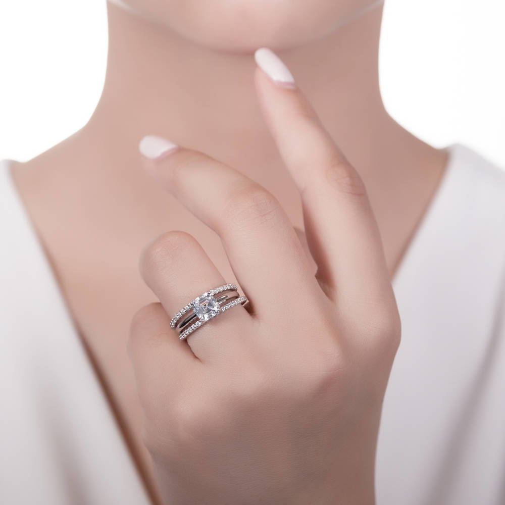 Model wearing Solitaire 2ct Asscher CZ Ring Set in Sterling Silver