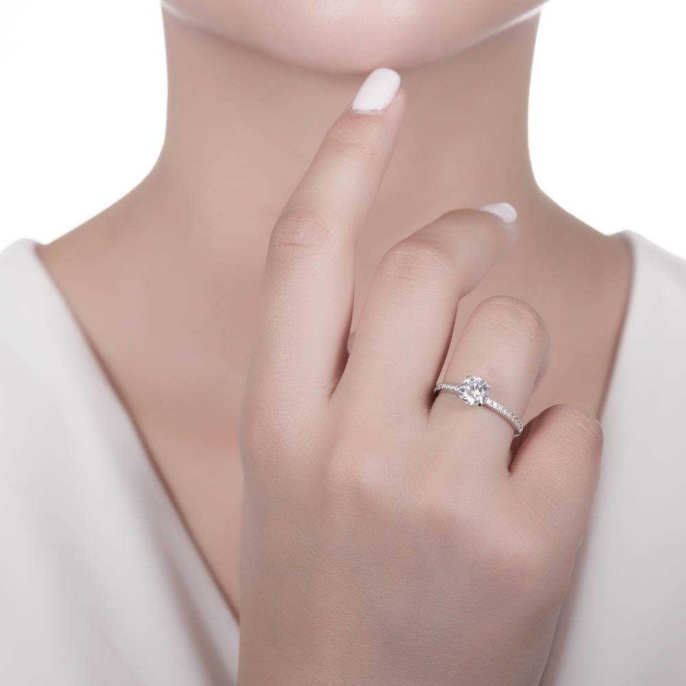 Model wearing Solitaire 1ct Round CZ Ring Set in Sterling Silver
