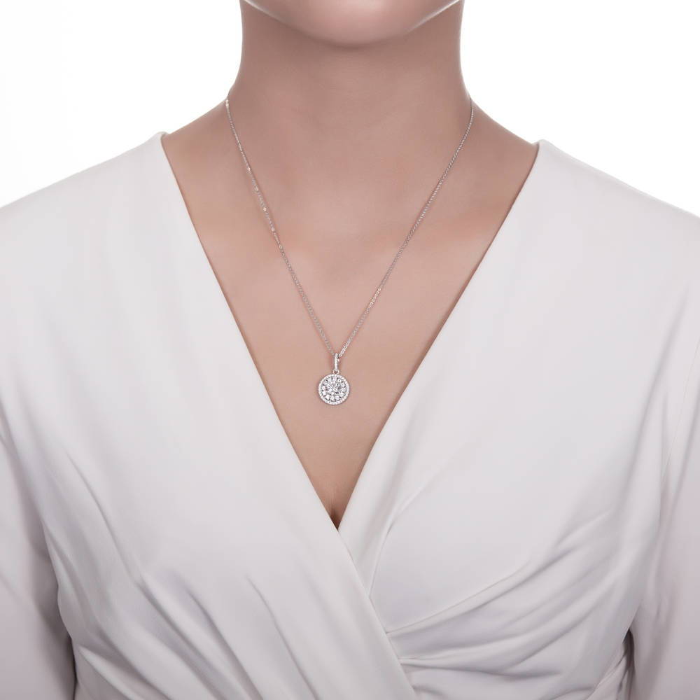 Halo Flower Round CZ Pendant Necklace in Sterling Silver