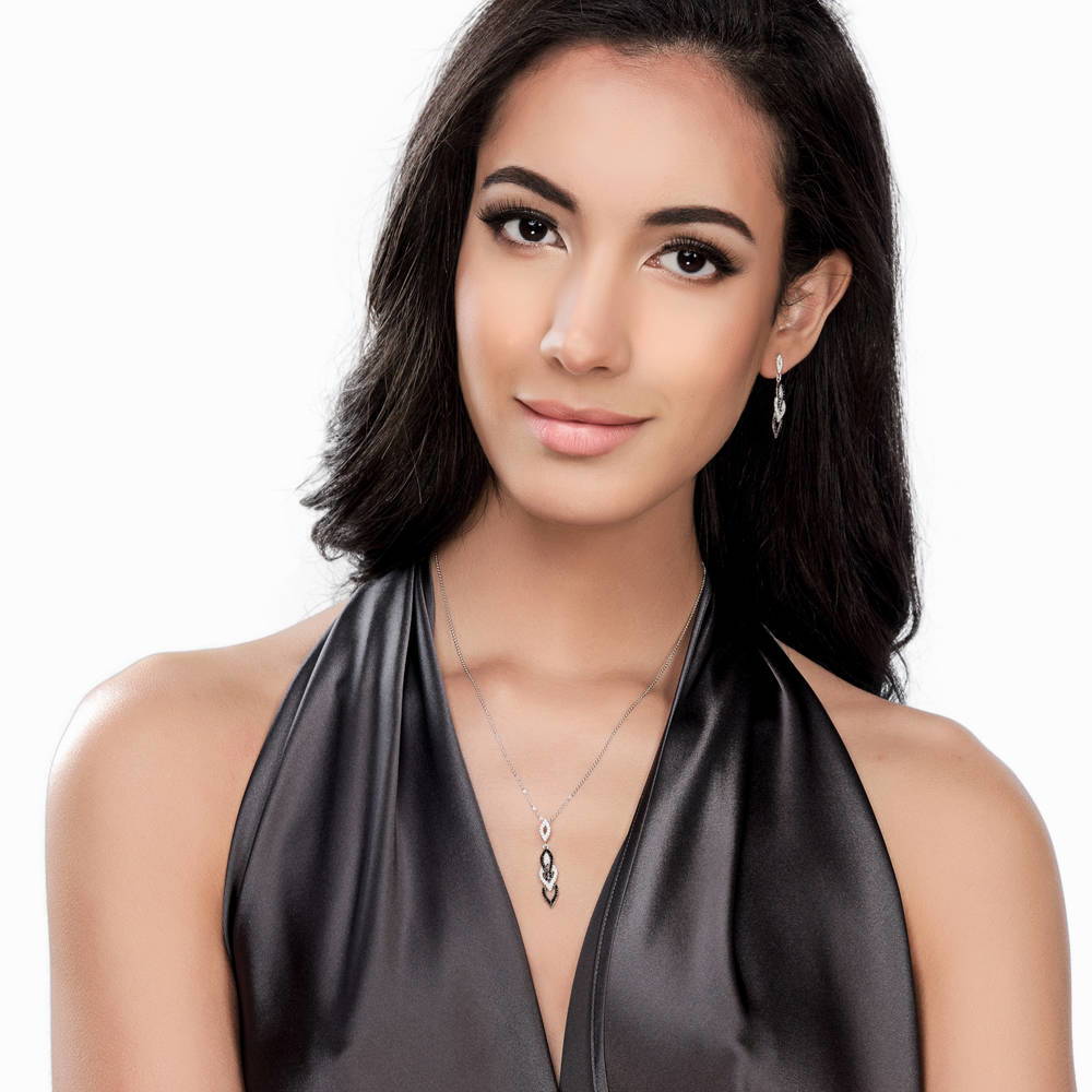 Model wearing Black and White CZ Necklace and Earrings Set in Sterling Silver