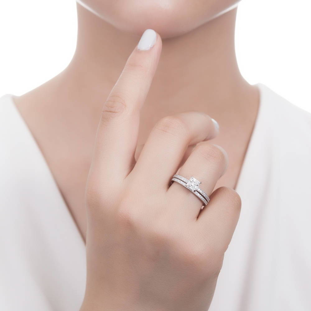 Model wearing Solitaire 1ct Princess CZ Ring Set in Sterling Silver
