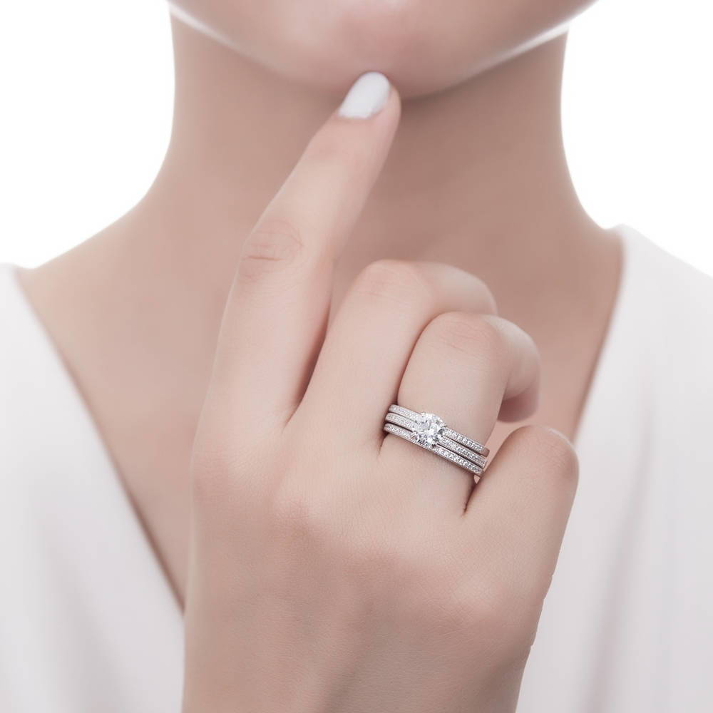 Model wearing Solitaire 1ct Round CZ Ring Set in Sterling Silver, 2 of 10