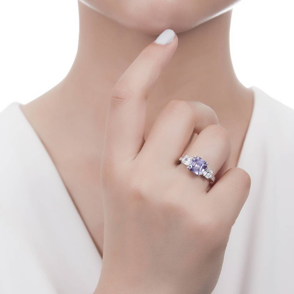 Model wearing 3-Stone Purple Asscher CZ Statement Ring in Sterling Silver