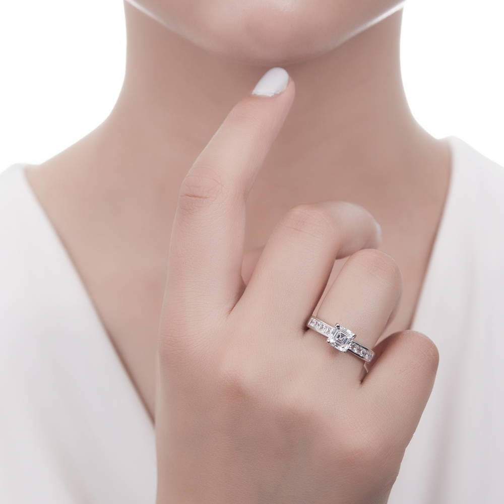 Model wearing Solitaire 1.6ct Asscher CZ Ring in Sterling Silver
