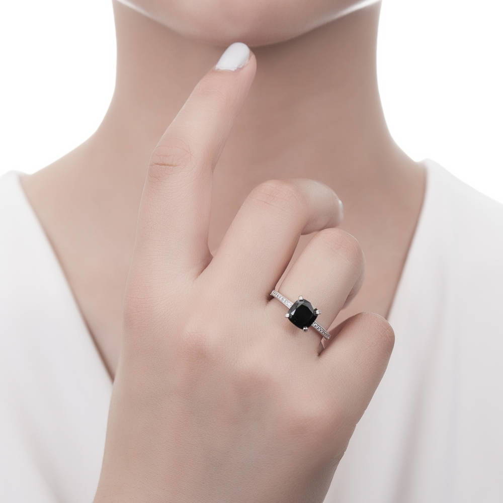 Model wearing Solitaire 3ct Black Cushion CZ Ring in Sterling Silver