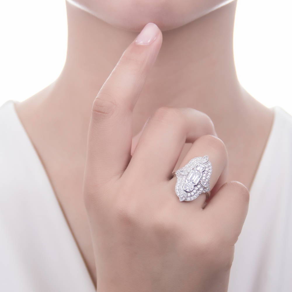Model wearing Art Deco Milgrain CZ Statement Ring in Sterling Silver