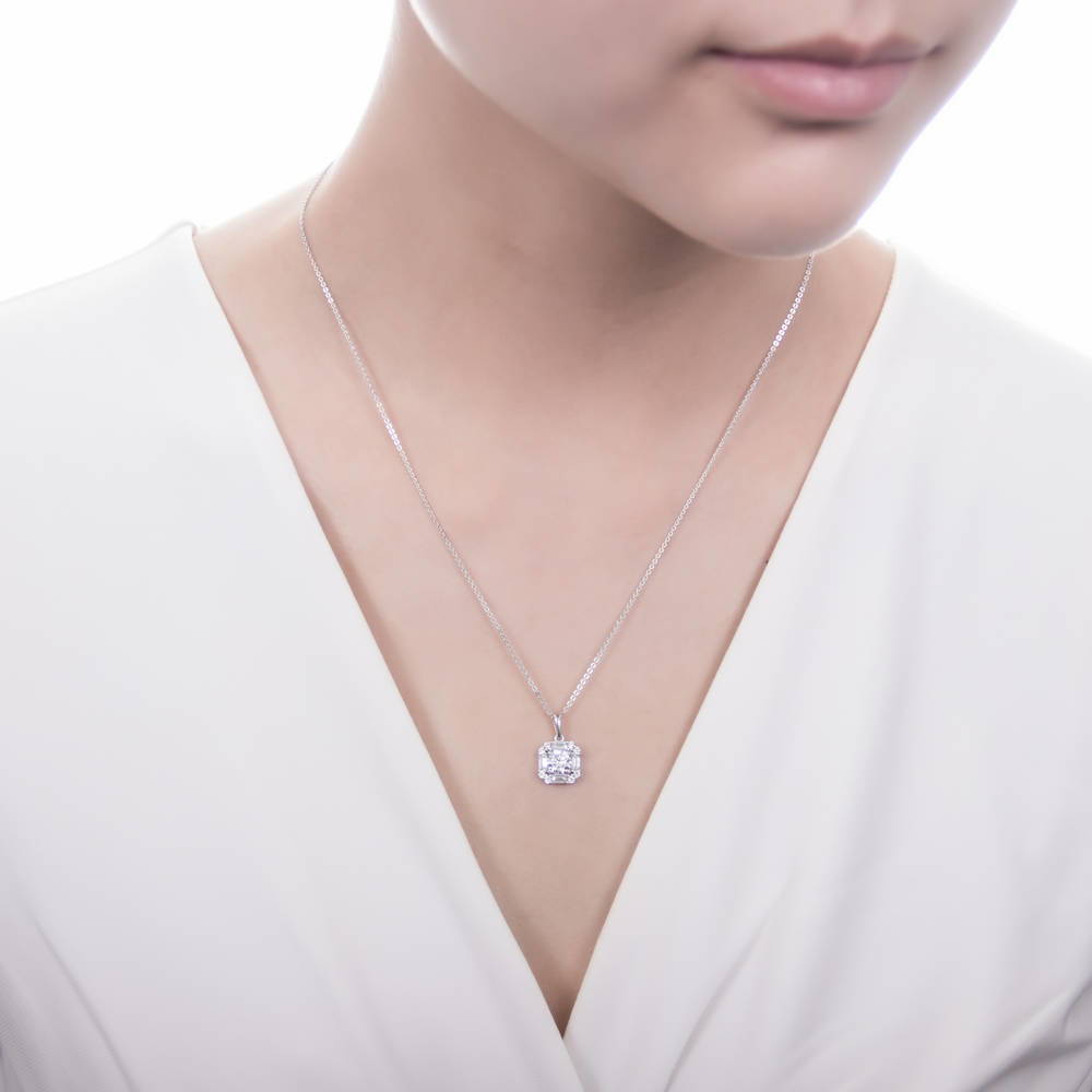 Model wearing Halo Art Deco Round CZ Pendant Necklace in Sterling Silver