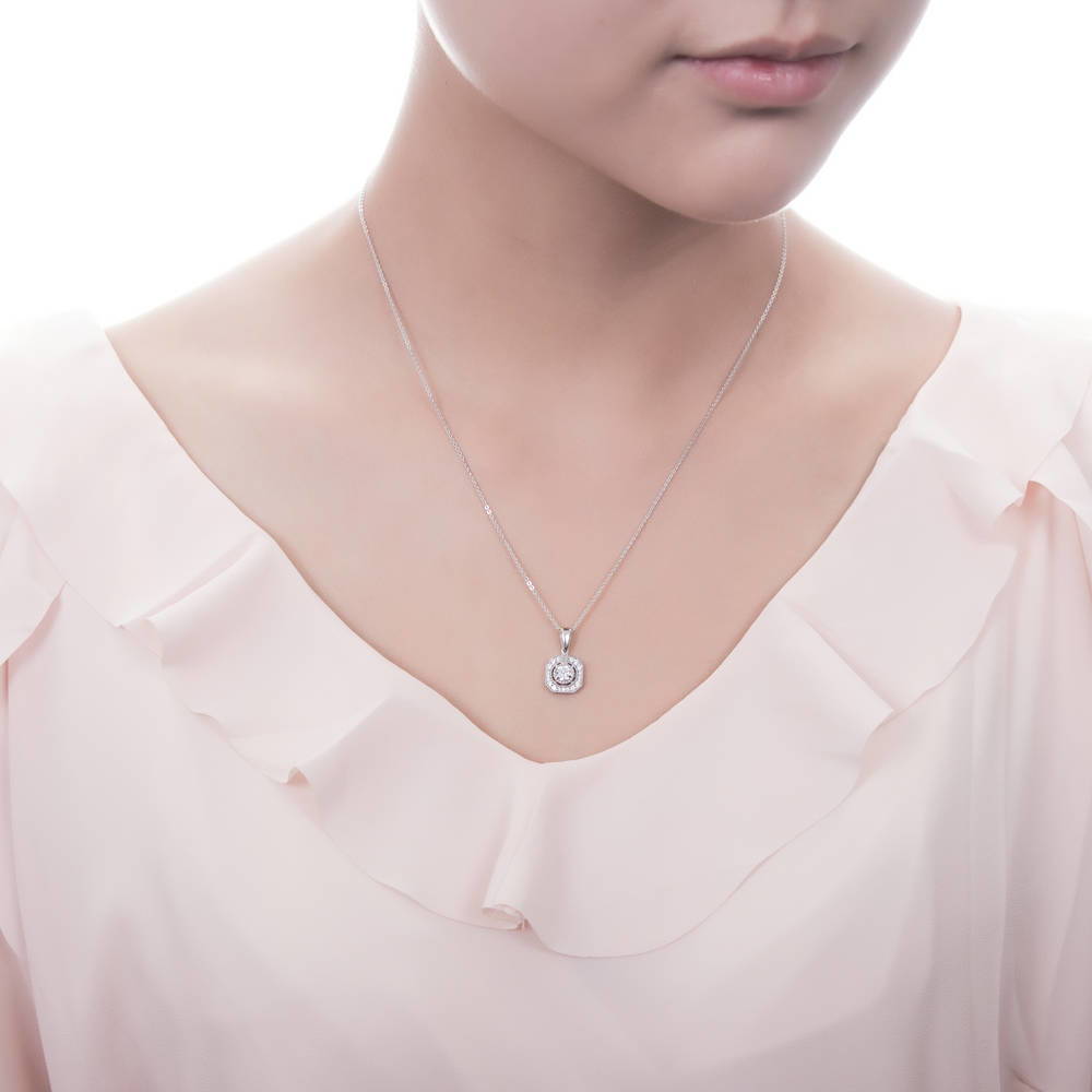 Model wearing Art Deco CZ Pendant Necklace in Sterling Silver