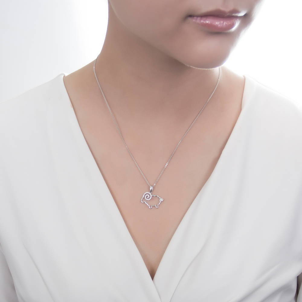 Model wearing Sheep CZ Pendant Necklace in Sterling Silver