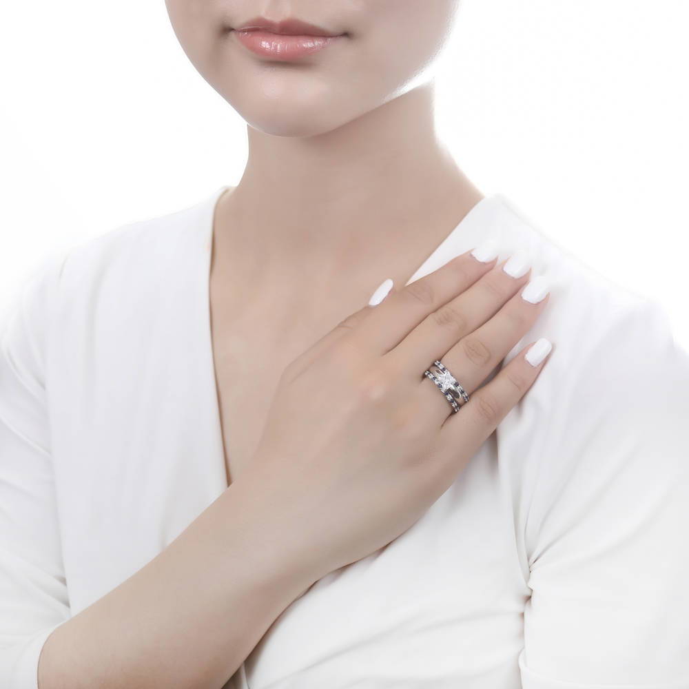 Model wearing Solitaire 1.2ct Princess CZ Ring Set in Sterling Silver, 2 of 11