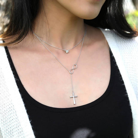 Model Wearing Infinity Lariat Necklace, Solitaire Pendant Necklace
