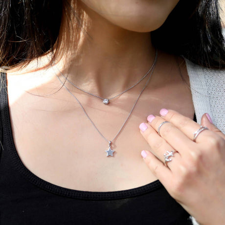 Model Wearing Anchor Ring, Cable Band, Crown Ring, Solitaire Pendant Necklace, Star Pendant Necklace