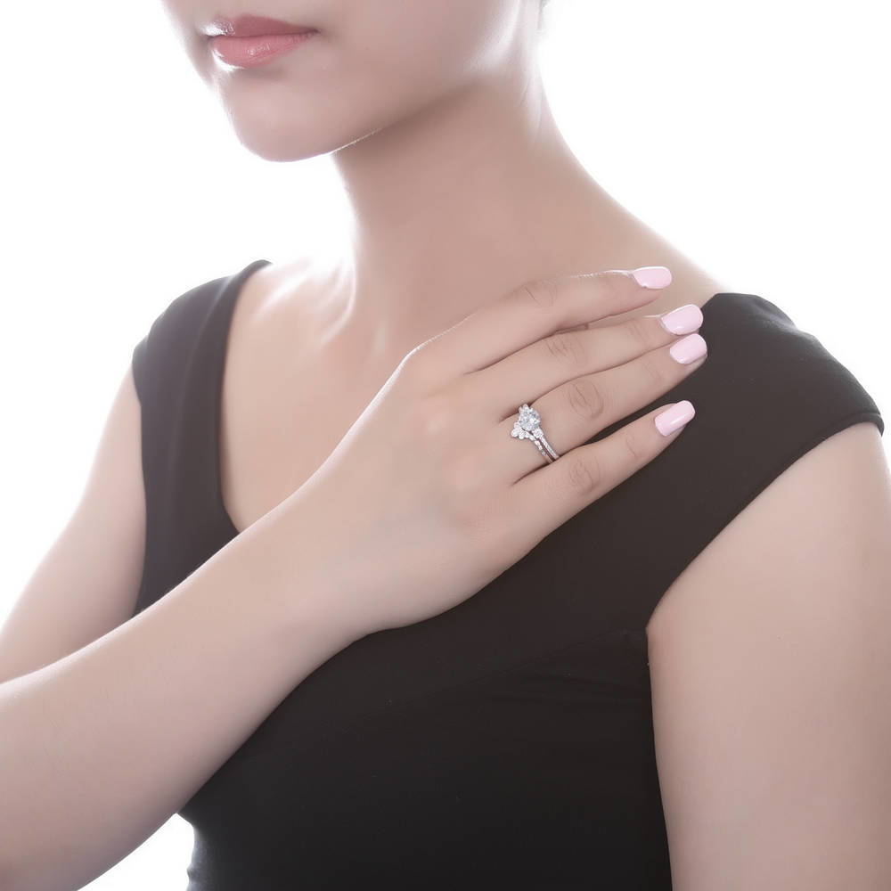 Model wearing 3-Stone Crown Round CZ Ring Set in Sterling Silver, 2 of 11