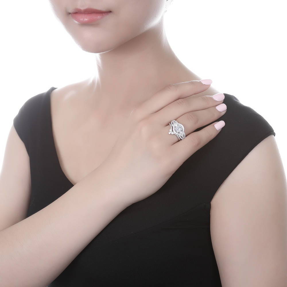 Model wearing 3-Stone Crown Round CZ Ring Set in Sterling Silver, 2 of 10