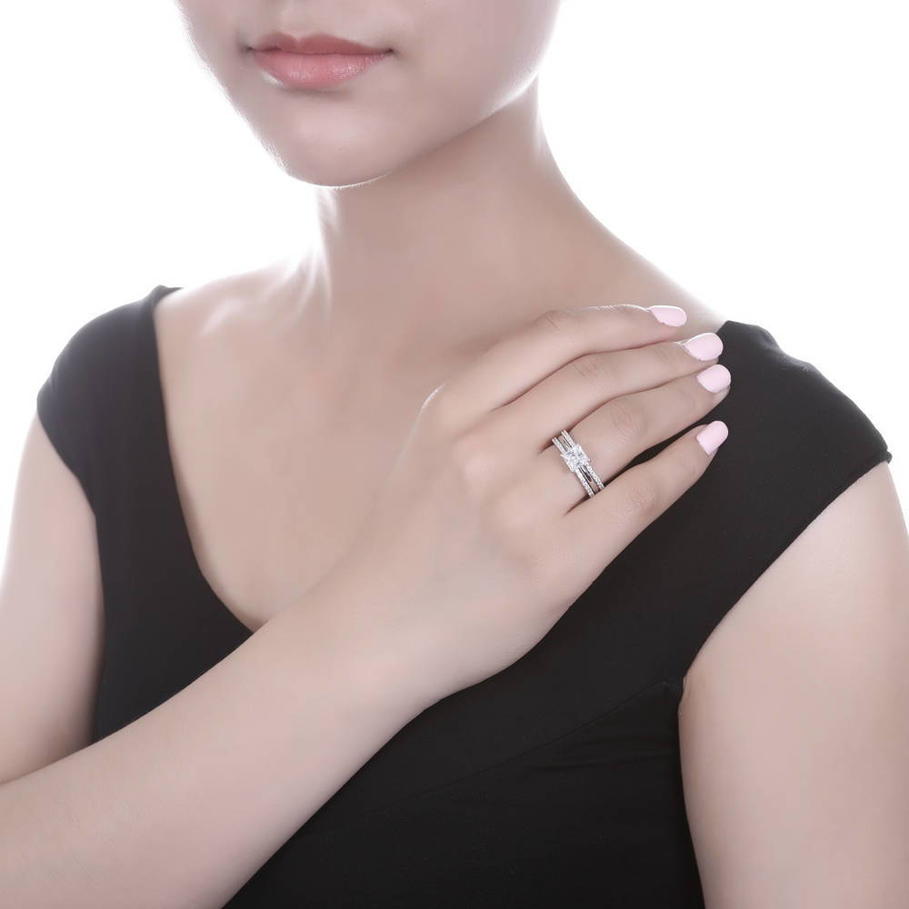 Model wearing Solitaire 1.6ct Princess CZ Ring Set in Sterling Silver, 2 of 14
