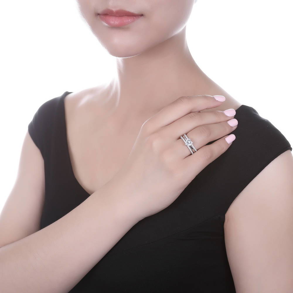 Model wearing Heart Solitaire CZ Ring Set in Sterling Silver