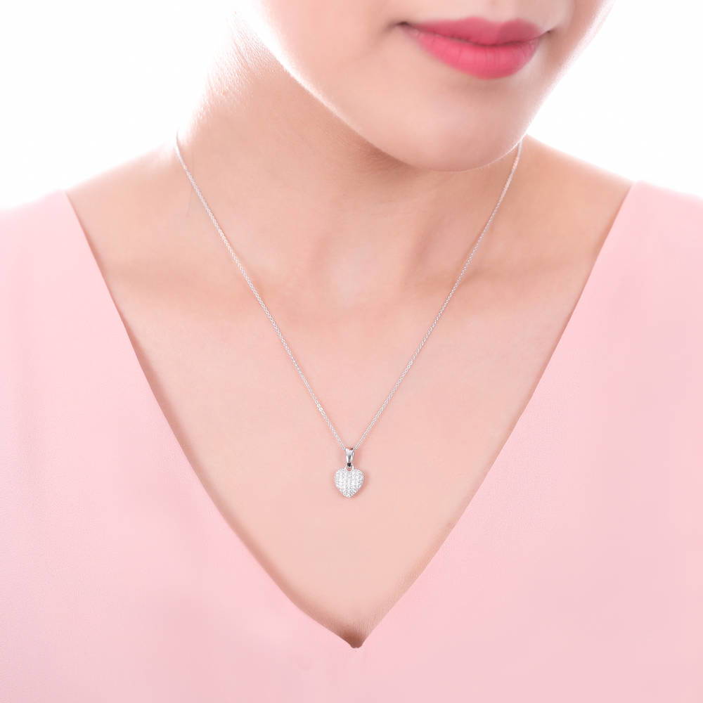 Model wearing Heart CZ Pendant Necklace in Sterling Silver