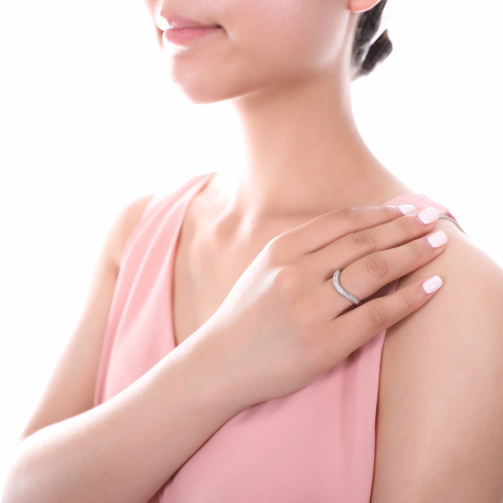 Model wearing 3-Stone Canary Yellow Cushion CZ Ring Set in Sterling Silver