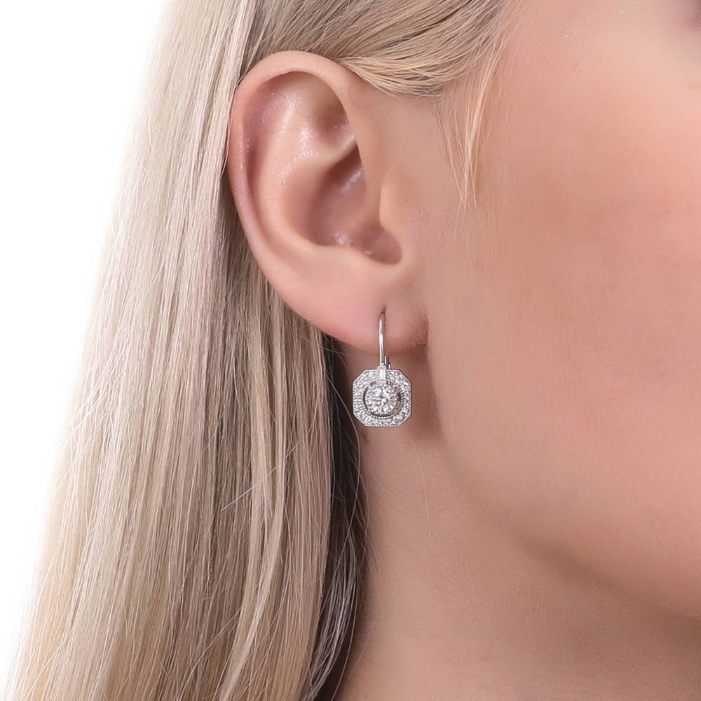 Model wearing Art Deco CZ Leverback Dangle Earrings in Sterling Silver