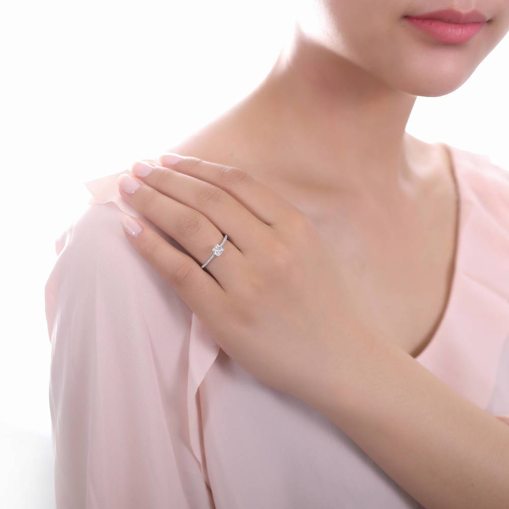 Model wearing Solitaire 0.6ct Cushion CZ Ring Set in Sterling Silver, 5 of 8