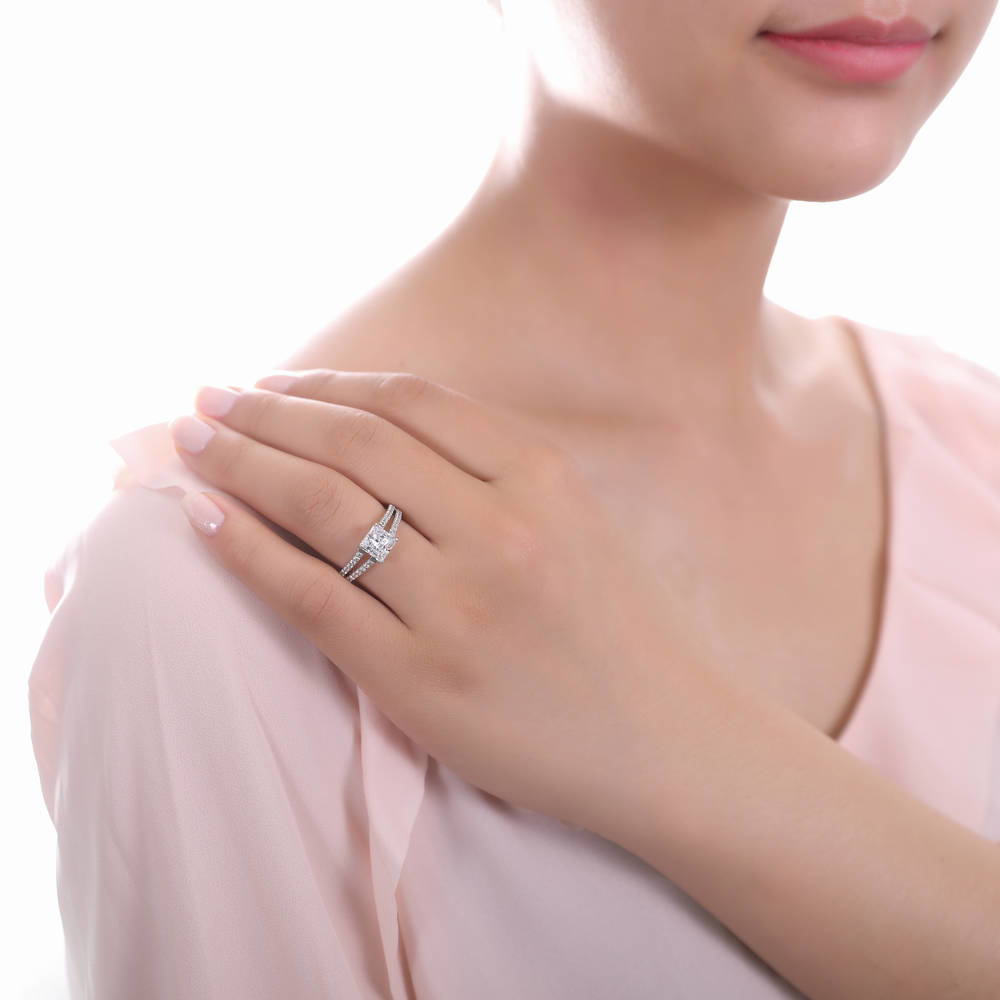 Model wearing Solitaire 2ct Princess CZ Split Shank Ring in Sterling Silver