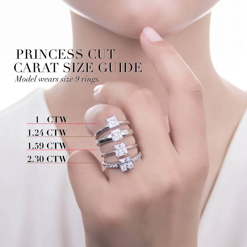 Model wearing Solitaire 1.6ct Princess CZ Ring in Sterling Silver, 9 of 10
