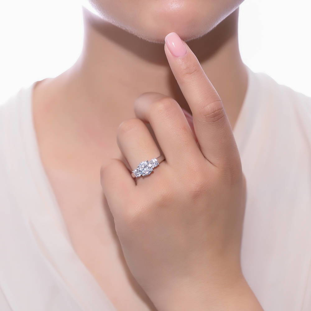 Model wearing 3-Stone Round CZ Ring Set in Sterling Silver, 8 of 12