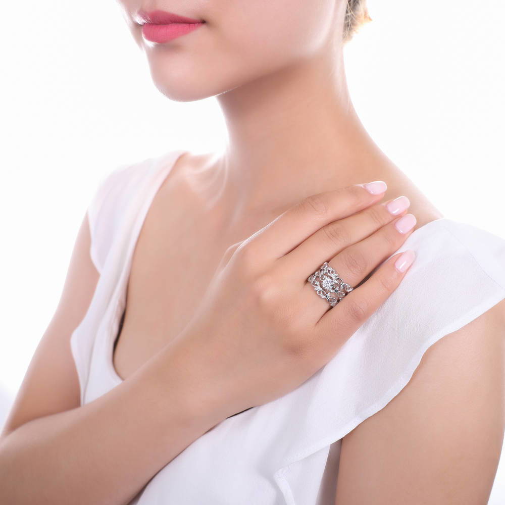 Model wearing Leaf Solitaire CZ Ring Set in Sterling Silver