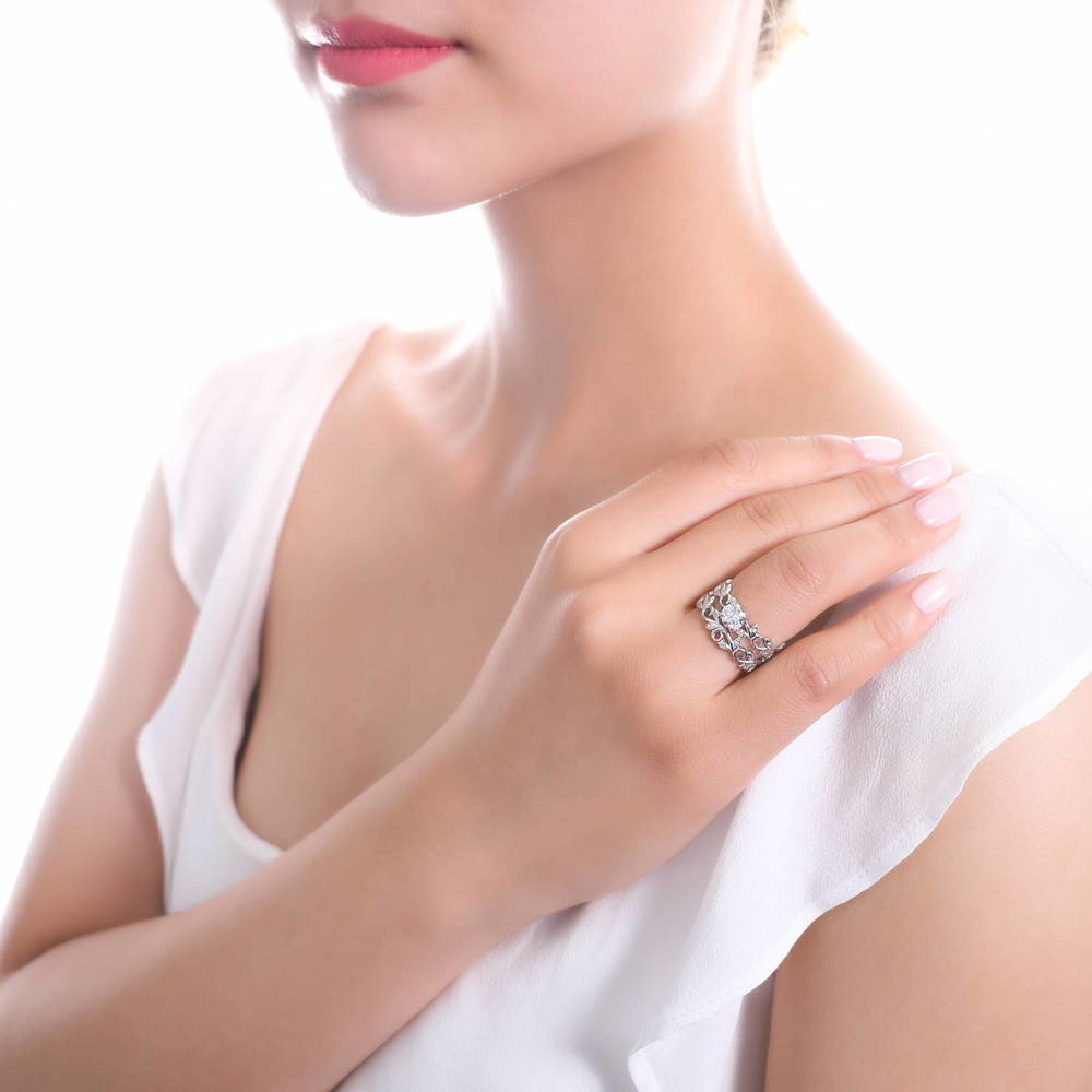 Model wearing Leaf Solitaire CZ Ring Set in Sterling Silver