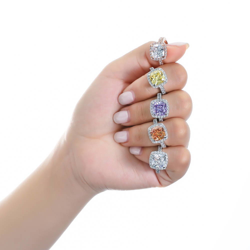 Halo Canary Yellow Cushion CZ Ring in Sterling Silver
